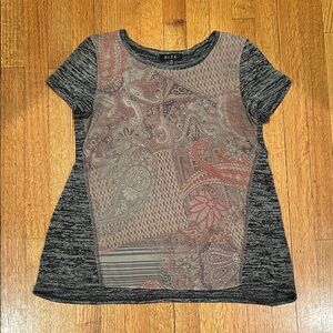 B.L.E.U. Heathered Black Short Sleeve Tee with Paisley Front Panel